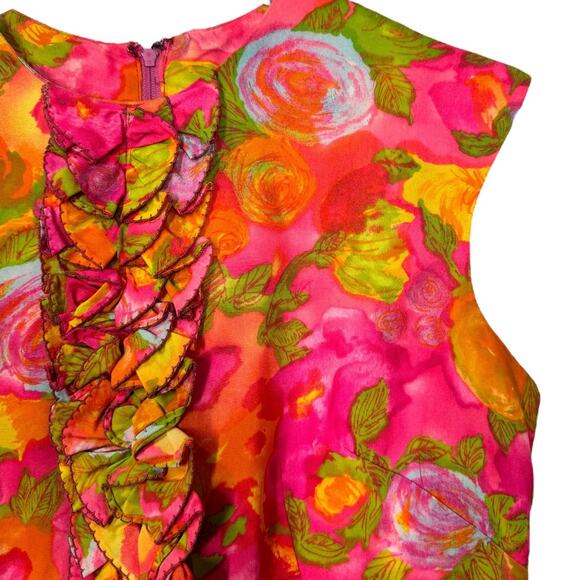 Vintage 60s Handmade Floral Sleeveless Dress 4 Small Hot Pink Ruffle Sheath - Picture 4 of 5